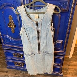 Vintage 90s Denim Dress Light Wash Zip Front MED
